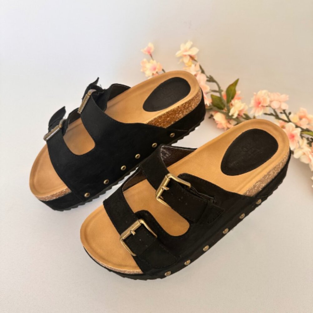Black Platform Large Buckle Sandals, Size 9